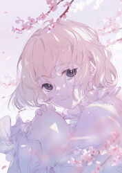 Rule 34 | 1girl, ajimita, artist name, black eyes, blonde hair, bob cut, branch, cherry blossoms, closed mouth, commission, flower, frills, hand on own knee, highres, knees up, long sleeves, looking at viewer, original, petals, pixiv commission, see-through, shirt, short hair, signature, solo