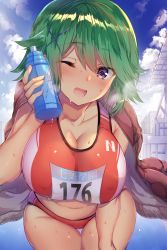Rule 34 | 1girl, ;d, armpit crease, blue sky, blush, bottle, breasts, breath, buruma, cardigan, cleavage, cloud, cloudy sky, collarbone, cowboy shot, day, green hair, hair ornament, highres, holding, holding bottle, jacket, jacket on shoulders, large breasts, leaning forward, looking at viewer, one eye closed, open mouth, original, outdoors, purple eyes, red buruma, sanshoku amido, short hair, skindentation, sky, smile, solo, sports bra, standing, stomach, sweat, thigh gap, thighs, track uniform, x hair ornament