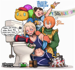 Rule 34 | 3girls, abs, age conscious, apron, blonde hair, blue eyes, blue sports bra, breasts, cammy white, capcom, china dress, chinese clothes, chun-li, commentary, constricted pupils, crying, crying with eyes open, dress, drunk, english commentary, english text, facial scar, fingerless gloves, gloves, green eyes, green sweater, hair between eyes, happy birthday, hershuar, jewelry, juni (street fighter), large breasts, mature female, midriff, multiple girls, necklace, orange hair, oven mitts, pants, pendant choker, sad, scar, scar on cheek, scar on face, short hair, single vambrace, speech bubble, sports bra, squeans, street fighter, street fighter 6, sweater, tears, toilet, turtleneck, turtleneck sweater, vambraces, yellow apron, yoga pants
