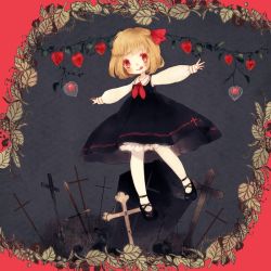 Rule 34 | 1girl, :q, bad id, bad pixiv id, blonde hair, blouse, border, chinese lantern, chinese lantern (plant), cross, dress, graveyard, hair ribbon, mary janes, outstretched arms, red eyes, ribbon, rumia, shirt, shoes, short hair, spread arms, tombstone, tongue, tongue out, touhou, yujup