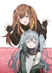 Rule 34 | + +, 2girls, :3, alternate hairstyle, blush stickers, brown hair, couch, drowsy, fingerless gloves, g11 (girls&#039; frontline), girls&#039; frontline, gloves, highres, long hair, looking back, multiple girls, open mouth, shirt, shooene, sleepy, t-shirt, twintails, ump9 (girls&#039; frontline)