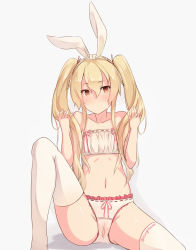 Rule 34 | 10s, 1girl, alternate hairstyle, bare shoulders, bikini, blonde hair, brown eyes, cameltoe, cinderella bust, flat chest, frilled panties, frills, hair ribbon, hairband, highres, holding, holding own hair, kantai collection, leg up, long hair, looking at viewer, navel, panties, ribbon, ribbon-trimmed underwear, ribbon trim, shimakaze (kancolle), shuuichi, simple background, solo, swimsuit, thighhighs, twintails, underwear, underwear only, white thighhighs