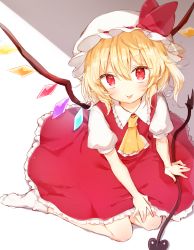 Rule 34 | 1girl, :p, arm support, bad id, bad twitter id, blonde hair, collared shirt, commentary request, crystal, flandre scarlet, hand on own knee, hat, hat ribbon, honotai, laevatein, mob cap, puffy short sleeves, puffy sleeves, red eyes, red ribbon, red skirt, ribbon, shirt, short hair, short sleeves, sitting, skirt, skirt set, solo, tongue, tongue out, touhou, white legwear, white shirt, wings, yellow neckwear