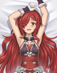 Rule 34 | 1girl, animal ears, anna (granblue fantasy), armpits, breasts, dakimakura (medium), dress, fake animal ears, frills, gloves, granblue fantasy, hair over one eye, hat, highres, jewelry, long hair, lying, medium breasts, on back, pralinesquire, red hair, shoes, simple background, solo, stuffed toy, very long hair, white gloves, witch