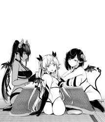 Rule 34 | 3girls, :o, ass, bare shoulders, breast rest, breasts, choker, commentary request, dark-skinned female, dark skin, demon girl, demon tail, demon wings, elbow gloves, gentsuki, gloves, greyscale, hair ribbon, high heels, highres, horns, kotatsu, large breasts, lily (gentsuki), long hair, looking at viewer, maha (gentsuki), mars symbol, medium breasts, mini wings, mole, mole under eye, monochrome, multiple girls, pointy ears, ponytail, profile, ribbon, shachiku succubus no hanashi, sheth (gentsuki), short hair, simple background, sitting, smile, table, tail, tatami, thick eyebrows, twintails, venus symbol, very long hair, white background, wings