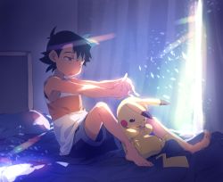 Rule 34 | 1boy, ameiro pk, ash ketchum, barefoot, bed, black hair, brown eyes, commentary, creatures (company), curtains, game freak, gen 1 pokemon, highres, indoors, male focus, nintendo, on bed, one eye closed, pikachu, pillow, pokemon, pokemon (anime), pokemon (creature), shirt, short hair, shorts, sitting, sleeveless, sleeveless shirt, stretching, toes, waking up, white shirt