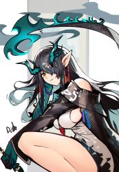 Rule 34 | 1girl, absurdres, arknights, artist name, bare legs, bead bracelet, beads, black hair, black jacket, bracelet, breasts, colored skin, commentary, distr, dragon horns, dragon tail, dress, dusk (arknights), earrings, english commentary, feet out of frame, gradient dress, green hair, green skin, grey dress, hair over one eye, highres, holding, holding paintbrush, horns, jacket, jewelry, large breasts, long hair, long sleeves, looking at viewer, multicolored hair, necktie, off shoulder, one eye covered, orange eyes, paintbrush, parted lips, pointy ears, red necktie, sideboob, solo, squatting, streaked hair, tail, white background, white dress