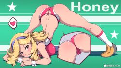 1girl ass ass_cutout blonde_hair blush boobies_uniform breasts butt_crack cameltoe character_name clothing_cutout crotch hairband heart heart_cutout highres honey_(space_dandy) large_breasts lipstick long_hair looking_at_viewer makeup parted_lips red_eyes signature simple_background smile socks solo space_dandy spoken_heart top-down_bottom-up weekun white_socks wrist_cuffs