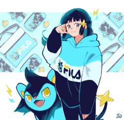 Rule 34 | 1girl, black hair, black pants, blush, character print, closed mouth, commentary, creatures (company), dawn (pokemon), eyelashes, game freak, gen 4 pokemon, green nails, grey eyes, hair ornament, hand up, hood, hood down, hooded jacket, jacket, long hair, long sleeves, looking at viewer, luxio, nail polish, nintendo, omyo (myomyomyo22), pants, pokemon, pokemon (creature), pokemon dppt, sidelocks, signature, smile, symbol-only commentary