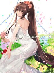 Rule 34 | 1girl, anniversary, blush, breasts, brown eyes, brown hair, dress, flower, hair between eyes, hair flower, hair ornament, highres, kantai collection, kasumi (skchkko), large breasts, long hair, looking at viewer, open mouth, petals, pink flower, ponytail, sidelocks, solo, twisted torso, very long hair, white dress, yamato (kancolle)