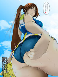 Rule 34 | 1girl, adjusting clothes, adjusting panties, ass, breasts, brown eyes, brown hair, cheerleader, cloud, day, female focus, from below, groin, high ponytail, highres, ichigo 100 percent, japanese text, kitaooji satsuki, large breasts, legs, long hair, looking down, matching hair/eyes, outdoors, panties, pantyshot, parted lips, pom pom (cheerleading), ponytail, skirt, sky, sleeveless, solo, speech bubble, standing, sunlight, thighs, translation request, underwear, upskirt, wan (13070284)