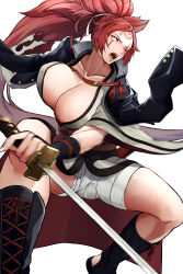Rule 34 | 1girl, absurdres, amputee, baiken, big hair, black jacket, black kimono, bouncing breasts, breasts, cleavage, eyepatch, gluteal fold, guilty gear, guilty gear strive, highres, holding, holding sword, holding weapon, jacket, jacket on shoulders, japanese clothes, katana, kimono, large breasts, long hair, multicolored clothes, multicolored kimono, one-eyed, open clothes, open kimono, pink hair, ponytail, red eyes, samurai, sandals, scar, scar across eye, scar on face, souma (so u maaaaa), sword, torn sleeve, unaligned breasts, weapon, white kimono