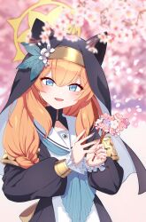 Rule 34 | 1girl, :d, absurdres, animal ears, armlet, blue archive, blue eyes, blue neckerchief, braid, branch, carrot (jetcarrot), cat ears, cat girl, cherry blossoms, coif, collarbone, commentary request, dress, flower, habit, hair between eyes, hair flower, hair ornament, halo, highres, holding, holding branch, long hair, long sleeves, looking at viewer, mari (blue archive), neckerchief, nun, open mouth, orange hair, sailor collar, sailor dress, sidelocks, single braid, smile, solo, turtleneck, white sailor collar