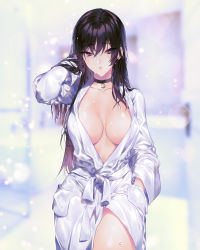 Rule 34 | 1girl, absurdres, arm up, bathrobe, black choker, black hair, black joa, breasts, choker, collarbone, commentary, covered erect nipples, crescent moon, eyes visible through hair, hand in own hair, hand in pocket, highres, large breasts, long hair, long sleeves, moon, original, parted lips, purple eyes, shiny skin, solo, standing, symbol-only commentary, water drop, wet, wet hair
