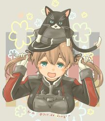 Rule 34 | 1girl, absurdres, anchor hair ornament, anchor ornament, animal, animal on head, black cat, blonde hair, breasts, cat, cat on head, commentary request, gloves, green eyes, hair ornament, hat, highres, kantai collection, large breasts, long hair, low twintails, military hat, military uniform, on head, peaked cap, pot-de, prinz eugen (kancolle), solo, twintails, twitter username, uniform, unsinkable sam, upper body, white gloves