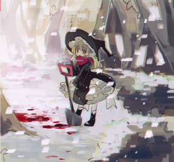 Rule 34 | 1girl, :o, adapted costume, black coat, black footwear, black skirt, blonde hair, blood, boots, coat, full body, hair between eyes, highres, holding, holding shovel, kirisame marisa, long hair, looking at viewer, petticoat, red scarf, scarf, shi chimi, shovel, skirt, snow, solo, touhou, tree, winter clothes
