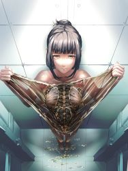 Rule 34 | 1girl, android, black hair, brown eyes, brown hair, cent u, damaged, from above, guro, highres, liquid, looking at viewer, looking up, mechanical parts, original, sidelocks, solo, updo