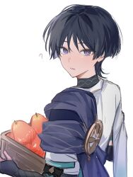 Rule 34 | 1boy, ?, absurdres, armor, black hair, food, fruit, genshin impact, hair between eyes, highres, holding, japanese armor, japanese clothes, kote, kurokote, looking at viewer, male focus, mnce o, parted lips, purple eyes, scaramouche (genshin impact), simple background, solo, sunsettia (genshin impact), upper body, wanderer (genshin impact), white background, wispy bangs