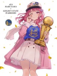 Rule 34 | 1girl, bang dream!, belt, belt buckle, bill russell nba finals mvp trophy, bow, brown belt, buckle, character name, closed mouth, coat, confetti, crying, earrings, floating hair, fur-trimmed sleeves, fur trim, golden state warriors, hair bow, hat, highres, holding, holding trophy, jewelry, light smile, long hair, long sleeves, looking at viewer, maruyama aya, national basketball association, one eye closed, open clothes, open coat, petticoat, pink coat, pink eyes, pink hair, pink skirt, purple bow, raised eyebrows, scarf, skirt, solo, tears, thighs, trophy, yazawa happyaro