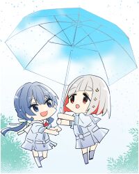 Rule 34 | 2girls, :d, :o, bob cut, chibi, chibi only, colored inner hair, commentary request, diagonal bangs, dollchestra, double exposure, dress, full body, grey hair, hair ornament, hasu no sora school uniform, highres, holding, holding umbrella, inverted bob, kanduki kamibukuro, link! like! love live!, looking up, love live!, medium dress, multicolored hair, multiple girls, murano sayaka, neckerchief, open mouth, oversized object, pleated dress, red eyes, red hair, red neckerchief, sailor collar, sailor dress, school uniform, short hair, short sleeves, smile, standing, star (symbol), star hair ornament, streaked hair, summer uniform, two-handed, umbrella, virtual youtuber, white background, white dress, white sailor collar, yugiri tsuzuri
