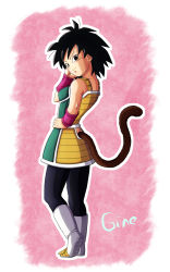 Rule 34 | 1girl, armor, bare shoulders, black eyes, black hair, boots, breasts, character name, dragon ball, gine, hand on own hip, highres, looking back, monkey tail, outline, pink background, shinopia, short hair, smile, solo, tail, white background, wristband