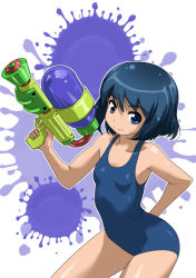 Rule 34 | 1girl, bad id, bad pixiv id, blue eyes, blue hair, blue one-piece swimsuit, blue school swimsuit, collarbone, cowboy shot, dot nose, hair between eyes, holding, holding weapon, leaning forward, looking at viewer, matching hair/eyes, nintendo, one-piece swimsuit, original, paint splatter, rohitsuka, school swimsuit, short hair, smile, solo, splatoon (series), splatoon 1, splattershot (splatoon), super soaker, swimsuit, trigger discipline, water gun, weapon