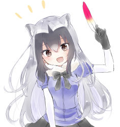Rule 34 | 10s, 1girl, :d, alternate hair length, alternate hairstyle, animal ears, black bow, black gloves, black hair, black skirt, blue shirt, bow, bowtie, brown eyes, commentary request, common raccoon (kemono friends), extra ears, fang, feathers, fur collar, gloves, hair between eyes, kemono friends, long hair, looking at viewer, megumi 222, multicolored hair, open mouth, puffy short sleeves, puffy sleeves, raccoon ears, shirt, short sleeves, silver hair, simple background, skirt, smile, solo, upper body, very long hair, white background