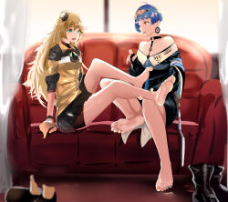 Rule 34 | 2girls, :d, ahoge, ankle grab, applying pedicure, arm support, bare legs, bare shoulders, barefoot, bike shorts, black choker, black coat, black footwear, black gloves, black nails, black skirt, blonde hair, blue hair, blue nails, blue necktie, blunt bangs, boots, choker, coat, commentary, commission, couch, curtains, day, earrings, eyewear on head, fang, feet, fingerless gloves, fingernails, foot focus, from side, full body, girls&#039; frontline, gloves, green eyes, hairband, hand on another&#039;s leg, highres, hizagawa rau, indoors, italian flag print, jacket, jewelry, long hair, looking at another, messy hair, multicolored nails, multiple girls, nail polish, nail polish brush, neck ribbon, necktie, open mouth, orange eyes, orange gloves, orange jacket, orange nails, painting nails, painting toenails, pixiv commission, pleated skirt, print ribbon, ribbon, s.a.t.8 (girls&#039; frontline), safety glasses, shoes, short hair, short sleeves, sitting, skirt, smile, soles, teeth, toenail polish, toenails, toes, unworn shoes, upper teeth only, very long hair, wide sleeves, window, zas m21 (girls&#039; frontline)