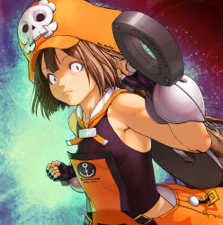 Rule 34 | 1girl, anchor, breasts, brown eyes, brown hair, clenched hand, constricted pupils, fingerless gloves, gloves, guilty gear, hat, honyata, incoming attack, incoming punch, long hair, looking at viewer, may (guilty gear), orange hat, over shoulder, pirate hat, punching, sailor collar, skull and crossbones, small breasts, solo, weapon, weapon over shoulder