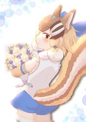 Rule 34 | 1girl, animal ears, back, belt, brown eyes, brown hair, chipmunk ears, chipmunk girl, chipmunk tail, elbow gloves, extra ears, flower, gloves, highres, kemono friends, kemono friends v project, looking at viewer, looking back, microphone, mugise hitsuji, ribbon, shirt, short hair, shorts, siberian chipmunk (kemono friends), simple background, sleeveless, sleeveless shirt, solo, tail, thighhighs, vest, virtual youtuber
