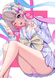 Rule 34 | bow, chouzetsusaikawa tenshi-chan, double v, dress, hair bow, heart, highres, holographic clothing, iridescent, large bow, multicolored nails, nail polish, nassss, needy girl overdose, one eye closed, panties, pantyshot, pin, pink panties, pleated dress, quad tails, silver hair, simple background, solo, twitter username, underwear, v
