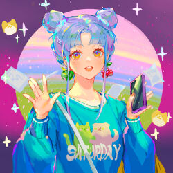 Rule 34 | 1girl, :d, \||/, absurdres, blue hair, blue sweater, breasts, cellphone, cherry earrings, collarbone, double bun, earrings, food-themed earrings, food themed earrings, hair bun, hands up, highres, holding, holding phone, jewelry, light blush, long hair, long sleeves, looking at viewer, medium breasts, mismatched earrings, mole, mole under eye, nail polish, open mouth, orange eyes, orange nails, original, parted bangs, phone, puffy sleeves, sidelocks, smartphone, smile, solo, sparkle, sweater, tarot, teeth, upper body, upper teeth only, vaporwave, xi liu
