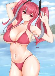 Rule 34 | 1girl, absurdres, armpits, arms up, azur lane, bare shoulders, beach, bikini, blue sky, blush, breasts, bremerton (azur lane), cleavage, cloud, collarbone, commentary, cowboy shot, day, fingernails, front-tie bikini top, front-tie top, grey hair, groin, hair between eyes, hair intakes, hair ornament, head tilt, highres, large breasts, long fingernails, long hair, looking at viewer, memai (mathpersimmon), midriff, multicolored hair, navel, navel piercing, no mole, ocean, piercing, pink bikini, pink eyes, pink hair, sidelocks, skindentation, sky, smile, solo, standing, streaked hair, swimsuit, twintails, two-tone hair, underboob