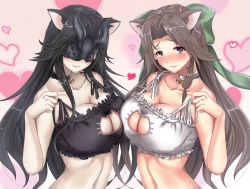 Rule 34 | 10s, 2girls, abyssal ship, animal ears, asymmetrical docking, bell, neck bell, black bra, black hair, blush, bow, bra, breast press, breasts, brown eyes, brown hair, cat cutout, cat ears, cat lingerie, choker, cleavage, cleavage cutout, clothing cutout, collarbone, hair bow, heart, highres, jingle bell, jintsuu (kancolle), kantai collection, large breasts, light cruiser princess, long hair, looking at viewer, mask, meme attire, multiple girls, navel, symmetrical docking, underwear, untue, upper body, white bra