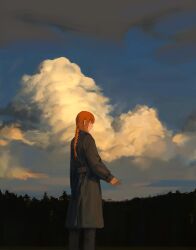 Rule 34 | 1girl, artist name, black coat, blue sky, braid, braided ponytail, chainsaw man, cigarette, cloud, cloudy sky, coat, evening, highres, holding, holding cigarette, looking at viewer, looking back, makima (chainsaw man), medium hair, null (skev7724), red hair, sky, solo, standing, wide shot, yellow eyes