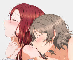 Rule 34 | 2girls, absurdres, bare shoulders, closed eyes, collarbone, couple, grey hair, hair between eyes, highres, licking, long hair, love live!, love live! sunshine!!, multiple girls, open mouth, portrait, profile, red hair, sakurauchi riko, shiny skin, short hair, simple background, tongue, tongue out, watanabe you, white background, yuchi (salmon-1000), yuri