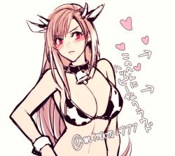 Rule 34 | 1girl, animal ears, animal print, bare shoulders, bell, bikini, blush, breasts, brown hair, cleavage, closed mouth, cow ears, cow girl, cow horns, cow print, cowbell, earrings, final fantasy, final fantasy vii, final fantasy vii remake, heart, horns, jewelry, large breasts, long hair, midriff, minato (ct 777), neck bell, red eyes, solo, square enix, swimsuit, tifa lockhart, translated, twitter username