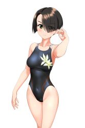 Rule 34 | 1girl, absurdres, black hair, black one-piece swimsuit, blurry, blurry background, bob cut, breasts, commentary request, competition swimsuit, covered navel, cowboy shot, floral print, girls und panzer, green eyes, hair over one eye, highres, inverted bob, medium breasts, multicolored clothes, multicolored swimsuit, one-piece swimsuit, short hair, simple background, solo, swimsuit, takafumi, vanilla (girls und panzer), variant set, white background