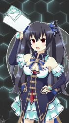 Rule 34 | absurdres, angry, annoyed, bare shoulders, black hair, breasts, cleavage, collar, documents, dress, gloves, highres, jacket, jewelry, long hair, medium breasts, neptune (series), noire (neptunia), open mouth, red eyes, ribbon, ring, skirt, slackmadi, thighs, tsundere, twintails