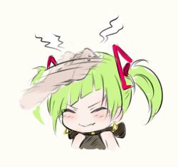Rule 34 | 1girl, ^ ^, beige background, blush, closed eyes, delruki, delutaya, doodle, fang, fang out, green hair, halterneck, headpat, hyde (tabakko), leaning forward, short hair, skin fang, smile, solo focus, twintails, v-shaped eyebrows, virtual youtuber