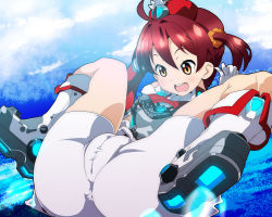 Rule 34 | 1girl, ass, bad id, bad nijie id, bike shorts, blush, brown eyes, brown hair, impossible clothes, isshiki akane, open mouth, palette suit, short hair, shorts, smile, solo, spread legs, twintails, vividred operation