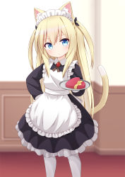 Rule 34 | 1girl, absurdres, animal ear fluff, animal ears, apron, black dress, blonde hair, blue eyes, box, candy, cat ears, cat girl, chocolate, chocolate heart, dress, food, hand on own hip, heart, heart-shaped box, highres, indoors, long hair, looking at viewer, maid, maid headdress, mogura2009, original, pantyhose, solo, tray, two side up, valentine, white apron, white pantyhose