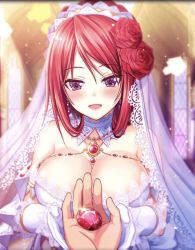 Rule 34 | 1girl, artist request, blush, bow, breasts, bridal veil, church, cleavage, detached collar, dress, earrings, flower, game cg, gem, gloves, hair bow, hair flower, hair ornament, hand grab, jewelry, lapis (phantom of the kill), large breasts, long hair, necklace, official art, open mouth, phantom of the kill, purple eyes, red flower, red hair, red rose, rose, shekinah (phantom of the kill), smile, upper body, veil, wedding dress, white dress, white gloves