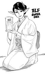 Rule 34 | 1girl, alcohol, bb (baalbuddy), beer, beer mug, closed mouth, cup, elf, english text, full body, greyscale, hair bun, hair ornament, hairpin, highres, holding, holding cup, japanese clothes, kimono, long sleeves, looking at viewer, mole, mole under mouth, monochrome, mug, obi, original, pointy ears, sash, seiza, simple background, sitting, smile, solo, tabi, white background, wide sleeves