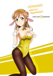 Rule 34 | 1girl, absurdres, animal ears, artist name, artist request, black legwear, blush, bow, breasts, brown eyes, brown hair, cleavage, collar, collarbone, dress, female focus, hair between eyes, hand on own breast, highres, kunikida hanamaru, leotard, light brown hair, long hair, looking at viewer, love live!, love live! sunshine!!, matching hair/eyes, medium breasts, nail, nail polish, parted lips, pink nails, pink nails, playboy bunny, sheep ears, sheep tail, smile, solo, tail, white background, white collar, white wrist cuffs, wrist cuffs, yellow bow, yellow dress, yellow eyes