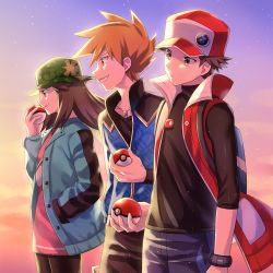 Rule 34 | 1girl, 2boys, backpack, bag, blue jacket, blue oak, blue oak (sygna suit), brown eyes, brown hair, buttons, camouflage, camouflage headwear, closed mouth, coat, commentary request, creatures (company), from side, game freak, green headwear, green jacket, hand up, hat, holding, holding poke ball, jacket, jewelry, leaf (pokemon), leaf (sygna suit) (pokemon), long sleeves, multiple boys, necklace, nintendo, official alternate costume, outdoors, pants, pantyhose, pink shirt, poke ball, poke ball (basic), pokemon, pokemon masters ex, red (pokemon), red (sygna suit) (pokemon), red headwear, scbstella, shirt, short hair, sleeveless, sleeveless coat, smile, spiked hair