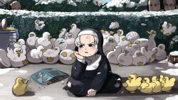 Rule 34 | 4girls, @ @, aged down, bird, book, bowl, brown hair, brunette bangs nun (diva), chicken, commentary, corn, diva (hyxpk), duck, duckling, english commentary, fishing rod, flower, fork, glasses, goose, grey hair, habit, hedge, highres, little nuns (diva), mole, mole under mouth, multiple girls, nun, outdoors, parted grey nun (diva), smug nun (diva), star nun (diva), star ornament, torn clothes, traditional nun