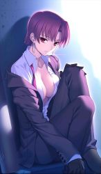 Rule 34 | 1girl, bazett fraga mcremitz, breasts, cleavage, earrings, fate/grand order, fate/hollow ataraxia, fate (series), female focus, formal, gloves, gradient background, jewelry, large breasts, mole, mole under eye, necktie, official art, open clothes, open shirt, purple eyes, purple hair, ribbon, shirt, sitting, solo, suit, takeuchi takashi, yangsion