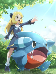 Rule 34 | 1girl, :o, black dress, black footwear, black ribbon, blonde hair, commentary request, creatures (company), cynthia (pokemon), day, dress, eyelashes, falling leaves, game freak, gen 4 pokemon, gible, grass, hair ornament, highres, itsudzumi, knees, leaf, long hair, long sleeves, neck ribbon, nintendo, open mouth, outdoors, outstretched arm, pokemon, pokemon (anime), pokemon (creature), pokemon journeys, ribbon, shoes, sky, socks, standing, tongue, white socks, yellow eyes, aged down