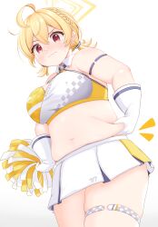 Rule 34 | 1girl, ?, absurdres, ahoge, armlet, belly grab, blonde hair, blue archive, blush, braid, breasts, closed mouth, commentary request, cowboy shot, dot nose, gloves, hair between eyes, halo, highres, holding, kotori (blue archive), kotori (cheer squad) (blue archive), large breasts, medium breasts, midriff, millennium cheerleader outfit (blue archive), miniskirt, muffin top, navel, notice lines, pleated skirt, plump, pom pom (cheerleading), red eyes, short twintails, simple background, skirt, solo, sweatdrop, thick arms, thick thighs, thighlet, thighs, triangle halo, twintails, white background, white gloves, white skirt, wing collar, yellow halo, yutagami